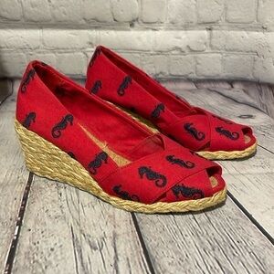 Lauren Ralph Lauren Size 5 Women’s Cecelia wedges. Red with navy blue seahorse.